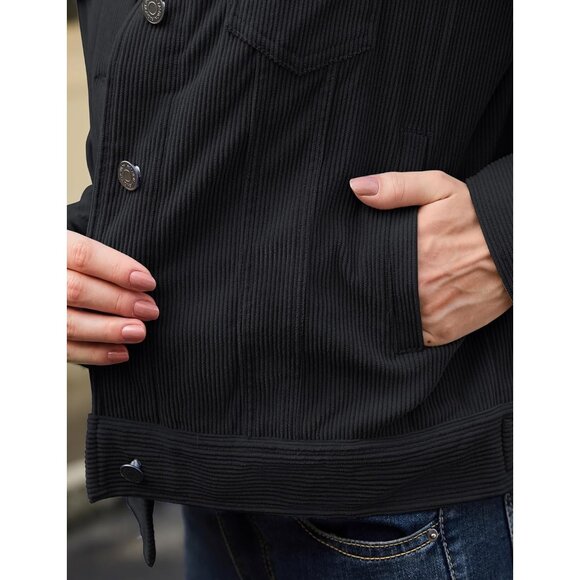 Women Black Corduroy Cropped Shacket Button Down Long Sleeve Casual Coat - Picture 5 of 6